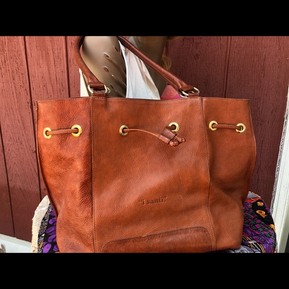 I Santi Tan leather distressed Bag purse tote Camel soft supple shopper books - Picture 2 of 11